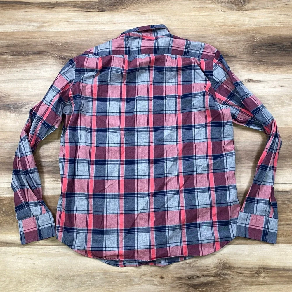 J. Crew Button Down Shirt Mens Large Classic Plaid 100% Cotton Pink Navy Grey